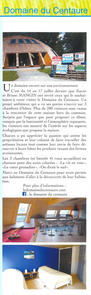 Un bel article sur les chambres d'hôtes du Domaine du Centaure dans le Journal de Sylvains les Moulins de 2017